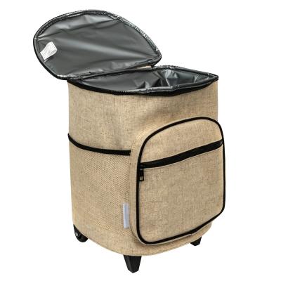 China Logo Outdoor Traveling Picnic Large Compartment Waterproof Custom Jute Insulated Trolley Cooler Bag With Wheels for sale