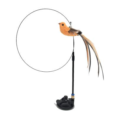 China Wholesale Cat Toy Playing Simulation Stocked Bird By Itself With Bell Holder Sucker Type Cat Teaser Feather Stick for sale