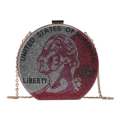 China Fashion Characters Dollar Coin Bag Shape Diamond Chain Female Bag Shoulder Smart Rhinestone Evening Bag Messenger for sale