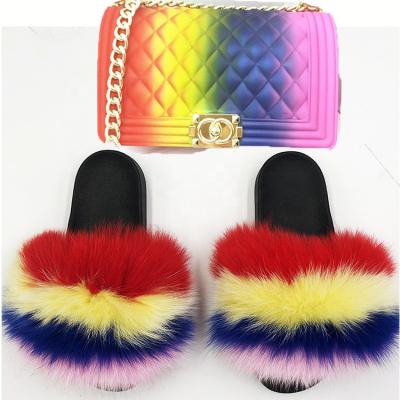 China Fashion Trend Fur Slides Women's Cute Fur Flip Flops Women Travel Furry Shoes Rainbow Shoe Fur Slides Women Fur Slippers for sale