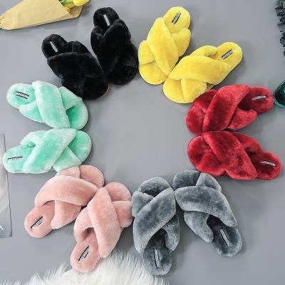 China Women Solid Color Lighted House Slippers Warm Cross Soft Plush Faux Fur Hairy House Shoes for sale