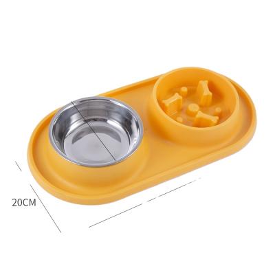 China Small Animals Pets Portable Double Bowl Dog Feeder Stainless Steel Bowl For Consumption Multicolor Pet Food Slow Feeding Portable Pet Bowl for sale