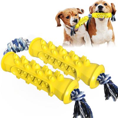 China TPR + Toner + Cotton Rope Double Serrated Rod With Rope Bite Resistant Molar Cleaning Dog Toothbrush Toys Dog Bite Clean Teeth Brush Chew Toy for sale