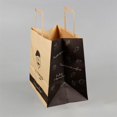 China Custom Recyclable Restaurant Food Delivery Take Out Tote Bag Design Your Own Logo Paper Bag Flat Handle Takeaway Carry Brown Packaging for sale