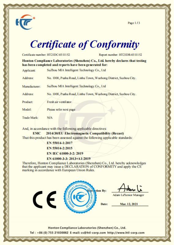 CE - Suzhou Mia Intelligent Technology Co., Ltd.