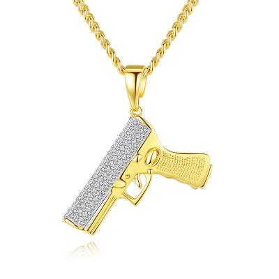 China TRENDY Hiphop Hip Hop Gold Fashion Pendant 18K Gold Plated Brass With Zircon Gun Necklace Rapper Street Rock Star Party Gift for sale