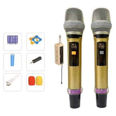 China Professional UHF Wireless Dual MIC Microphone Handheld Wireless Microphone with Receiver for Cart Speaker Stock MIC for sale