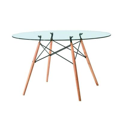 China DINING TABLE Luxury Modern Round Clear Tempered Glass Wooden Legs Dining Dining Table With Glass Top Designs for sale