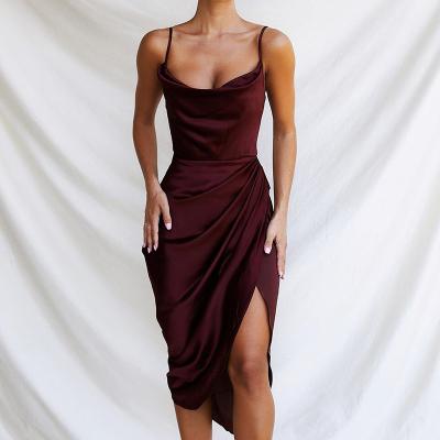 China Wholesale Anti-Static Elegant Spaghetti Strap Sexy Dresses Hooded Neck High Backless Split Ruched Satin Slip Dress Women for sale