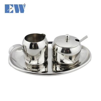 China Sustainable Set 2 of Stainless Steel Sugar Bowl and Milk Jug with Tray for sale