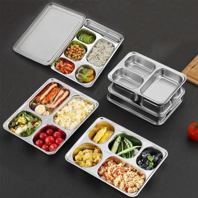 China IKITCHEN Sustainable 4 Compartment 18/8 4 Plates Stainless Steel Divide Food Lunch Plates Fast Food Box Container Tray For School for sale