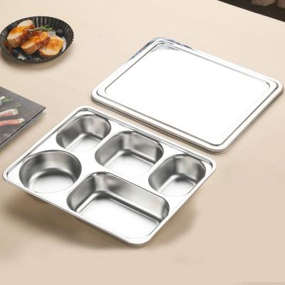 China IKITCHEN 2022 Viable Newcomers School Kids Lunch Food Dish Divided 4/5 Stainless Steel Compartment Canteen Serving Tray With Lid for sale