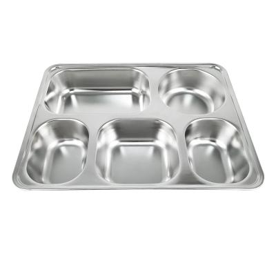 China IKITCHEN Student Fast Food Dish Lunch Tray 5 Compartment Dinner Tray School Stainless Steel Viable Canteen Divided Square Dinner Dish for sale