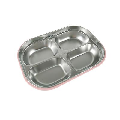 China IKITCHEN Amazon 304 Sustainable Food Grade Rectangle Dish Food Tray Stainless Steel 4 Compartment Tray With Plastic Lids for sale