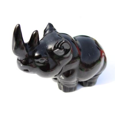 China Europe Hand Carved Natural Black Obsidian Crystal Rhinoceros Animal Figurines for sale