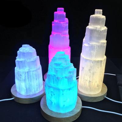 China Natural Hand Carved Selenite Pillar Wand Lamps Selenite Tower Point Lamps From Europe for sale