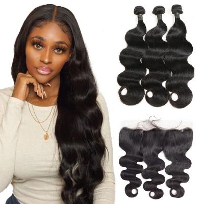 China Free Sample Brazilian Virgin Hair Body Wave Hair Extensions Cuticle Aligned Cuticle Aligned Bundles With Lace Frontal Closure for sale