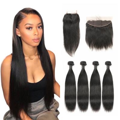 China Brazilian Virgin Human Hair Extension Double Drawn Straight Lace Closure Bone Weave Bundle With 4x4 HD Transparent Lace Closure for sale