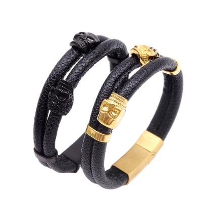 China Jewelry Manufacturer China Multiple Layers CLASSIC Mens Leather Bracelets With Gold Skull Charm for sale