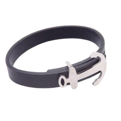 China CLASSIC Best Selling Wholesale Men and Women Stainless Steel Hook and Anchor Black Leather Bracelets for sale