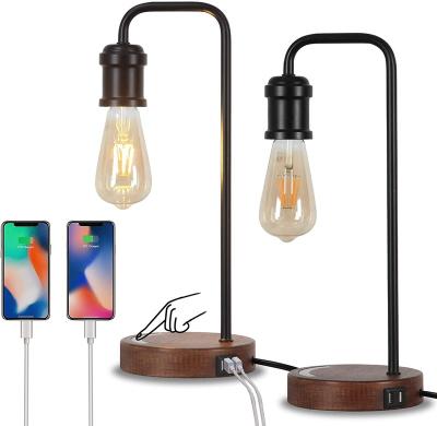 China Fully Stepless Dimmable Modern Industrial Table Lamps with 2 USB Ports and AC Outlet Bedside Nightstand Desk Lamps with Seeded Glass for sale