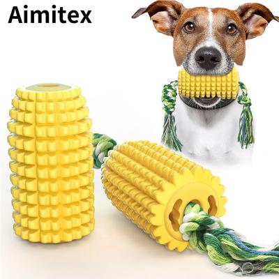 China Stocked Eco-Friendly Aimitex Pet Toys Corn Shaped Dog Toothbrush With Rope Pet Teething Chew Toys Custom Pet Chew Toys for sale