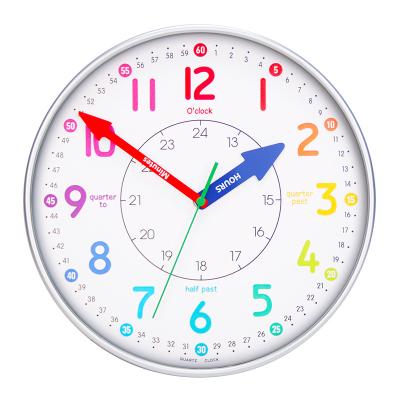 China Antique Style Amazon Hot Sales Nursery Clocks 12 Inch Learning Clock Kids Colorful Educational Wall Clocks For Teaching Time Child Room for sale