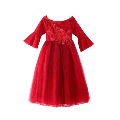 China 2022 Light Luxury Girls' Long Sleeve Princess Dress Bridesmaid Lace Long Sleeved Long Performance Puffy Dress Skirt Skirt for sale