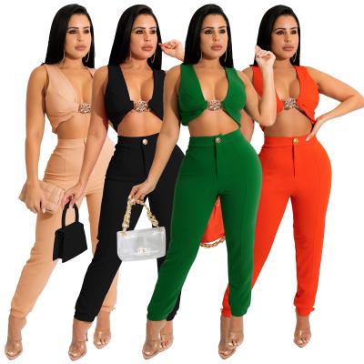 China Hot Selling Viable Knitted Deep V Crop Top And Tight Long Pants For Women Sexy Yoga 2 Piece Set for sale