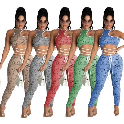 China Viable 5 Color Printed Irregular Top Drawstring Hollow Tight Pencil Pants For Women Sports Overalls for sale