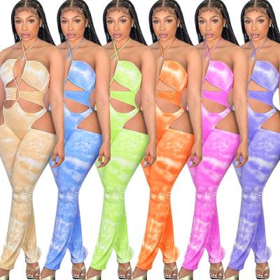 China Viable 6 Colors Tie Dyed Printed Halter Wrap Chest Hollow Out Tight Long Pants For Women Sexy Jumpsuit for sale