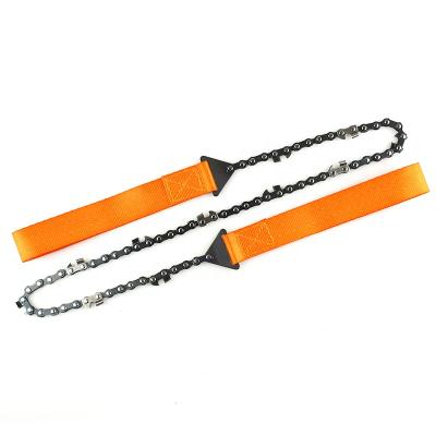 China Outdoor Wooden Back Packing 34 Chain Links 11 Blades Pocket Survival Hand Chainsaw Attractive Orange Handle for sale