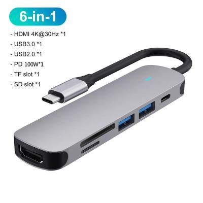 China Aluminum alloy+ABS Wholesale Products Improve Office Efficiency Type-C Hub Adapter 6-In-1 Usb C Hub To Compatible For Macbook And Laptop for sale