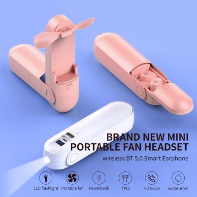 China PowerBank 2021 New Handheld Foldable Mini Fan Headphone Wireless Earphone With LED Flashlight for sale