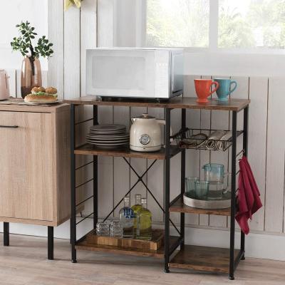 China Sustainable Kitchen Baker Rack Coffee Kitchen Storage Cart Table With Steel Frame Wire Basket for sale