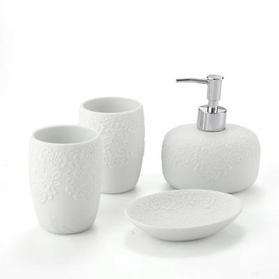 China Creative Embossed Ceramic Set of 4 Piece White Viable Bathroom Accessories, Bathroom Kit Wash Set for sale