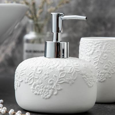 China Sustainable Ceramic Bathroom Accessories Suit Set Tooth-Brushing Cup Press Emulsion Bottle Sets for sale