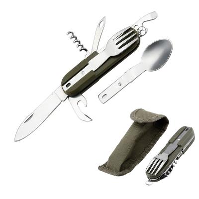 China Outdoor Camping Rise Travel 7 in 1 Foldable Portable Compact Reusable Cutlery Utensil Foldable Camping Tableware Fork Spoon Corkscrew for sale