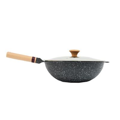 China Factory direct supply 32 cm wok household black cast iron viable with wooden handle cooking wok pan for sale