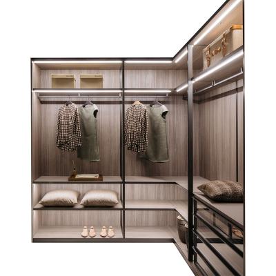 China Modern high quality aluminum glass door particle board wood wardrobe with mirror for sale