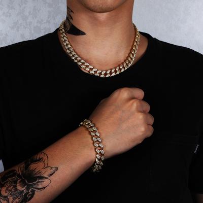 China Hiphop Miami Cuban Chain And Bracelet Mens 18k Gold Plated Micro Paved Zircon Jewelry Sets Hip Hop Set Iced Out Cuban for sale