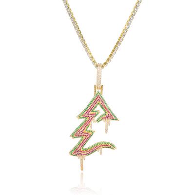 China Stylish Hiphop 18k Gold Plated Color Stones Outlet Micro Paved Glazed Christmas Trees Pendant for sale