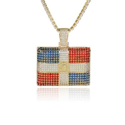 China Large Gold and Silver Plated Cubic Zirconia Crystal Hiphop Pendant Necklace Hiphop Dominica Flag Pendant Jewelry Square for sale