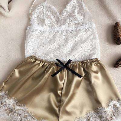 China Women Shorts Sleepwear Accessories Satin Shorts Sheer Silk Top Lace Hollow Out Pajamas Silk Lingerie Set Women Sexy Underwear for sale