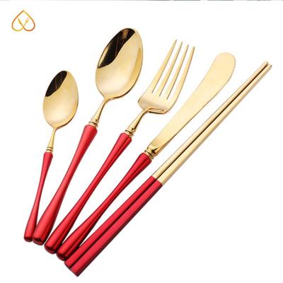 China Stainless Steel Viable Tableware Household Red Gold Dinnerware Set Knife, Titanium Fork Spoon Chopsticks Restaurant Dinnerware Set for sale