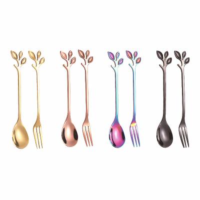 China Viable Amazon Stainless Steel Microphone Spoon Ice Cream Dessert Spoon Fork Leaf Shape Teaspoon With Colorful for sale