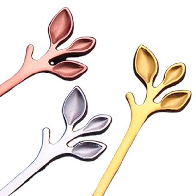 China Viable Creative Leaves Branch Shape Mirror Stainless Steel Spoon Fork Gift Set Gold Teaspoon Cake Fruit Fork Small for sale