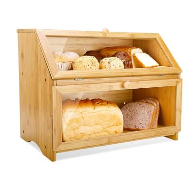 China Large Capacity Food Storage Bread Saver Box Heatable Natural Bamboo Bread Box Double Layer for sale