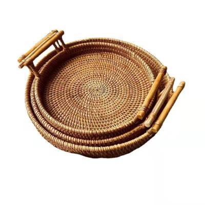 China Simple morden torched elegant soft premium quality rattan breakfast serving tray with handle, suitable for breadWicker woven round basket, for sale