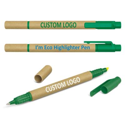 China Promotional Pen 2 Ends Cardboard Paper Body Custom Ballpoint Pen With Highlighter, Eco-friendly Paper Tube Highlight Ballpen Pen With Logo for sale